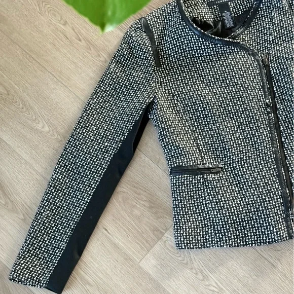 Sandro Monochrome Tweed Jacket Motorcycle Jacket w/ Leather Trim - Picture 2 of 6